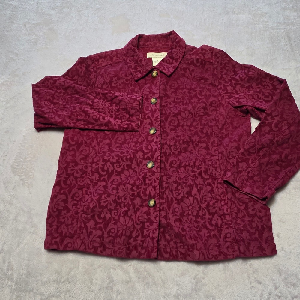 Appleseed's Womens 8 Berry Red Floral Damask Corduroy Button Front Shacket